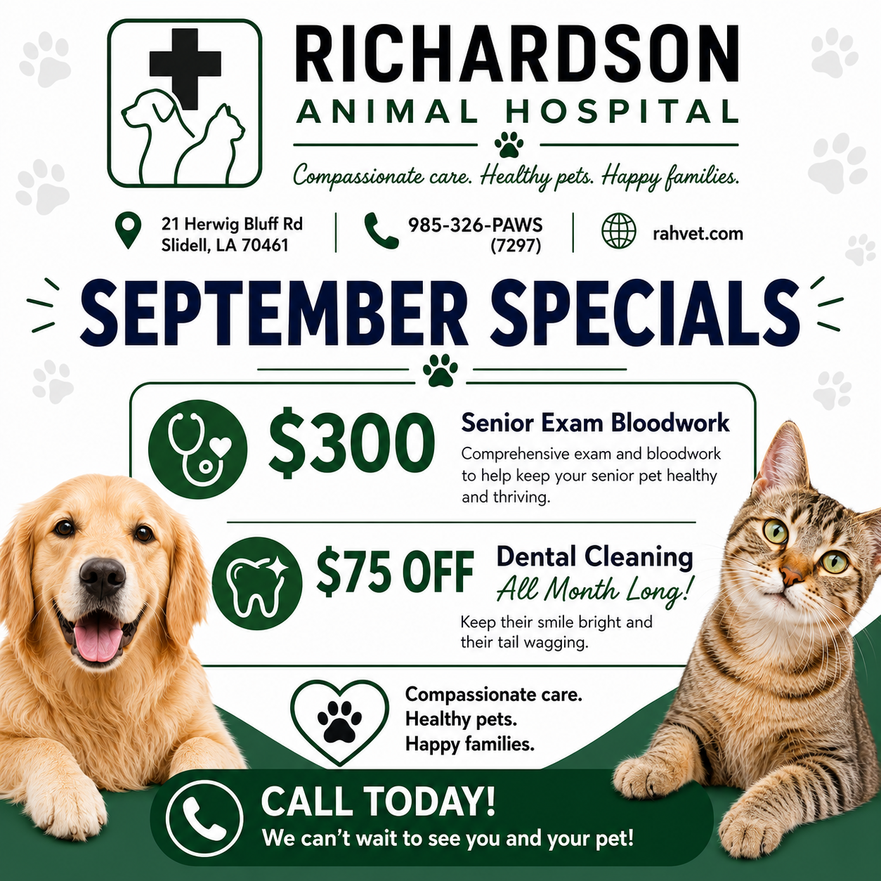 Richardson Animal Hospital September specials promotion